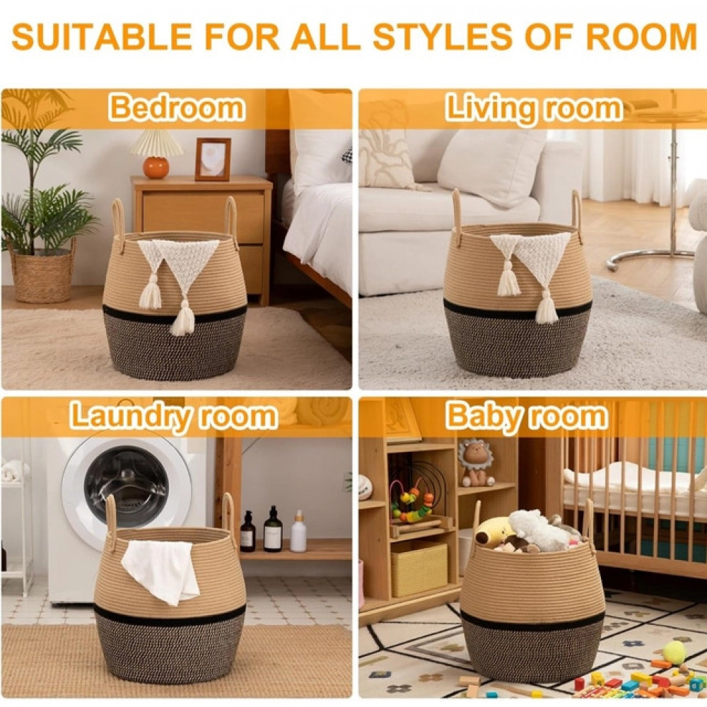 Cotton Matka With Handle 14x12 Inch Storage Basket For Clothes (Beige Black)