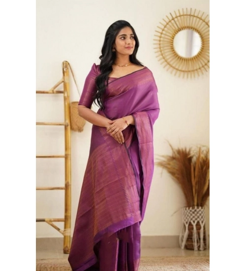 Women's Litchi silk Printed Saree With Unstitched Blouse (Purple)