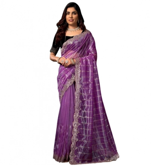 Women's Net Sequence Saree With Unstitched Blouse 5.5Mtr (Lavender)