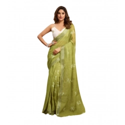 Women's Linen Cotton Printed Ready To Wear Saree With Unstitched Blouse 5.5 Mtr (Light_Green)
