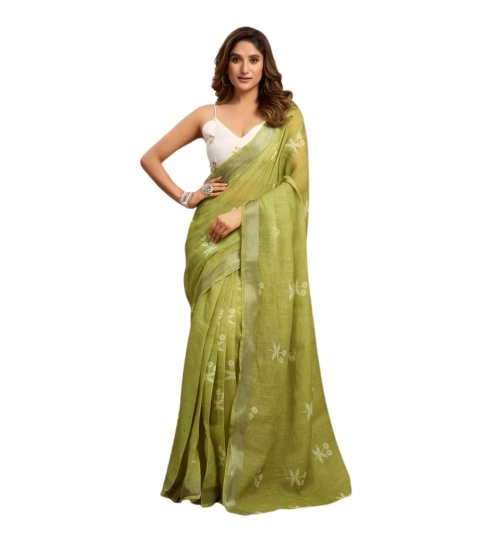 Women's Linen Cotton Printed Ready To Wear Saree With Unstitched Blouse 5.5 Mtr (Light_Green)