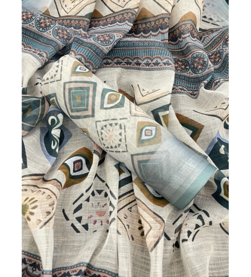 Women's Linen Cotton  Printed Saree With Unstitched Blouse 5.5Mtr (Grey)