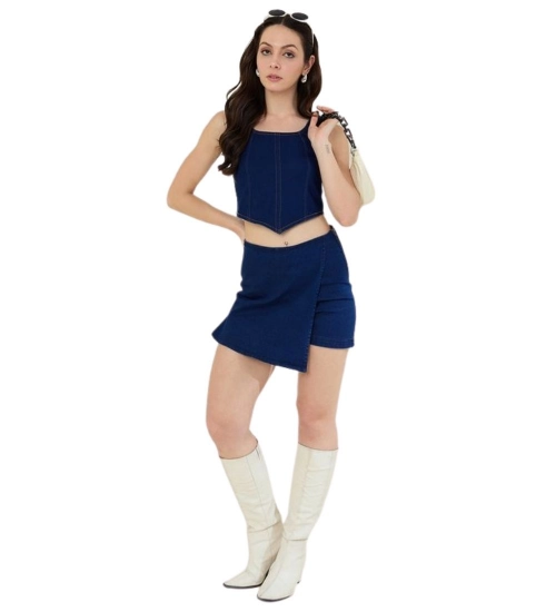 Women's Denim Lycra Solid Zip Closure Skorts (Navy)