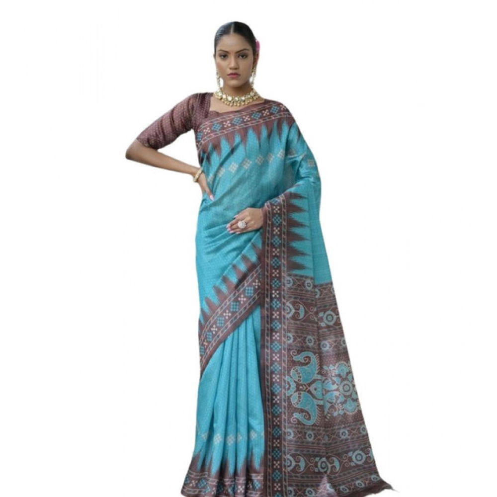 Women's Faux_Tussar Ikat Saree With Unstitched Blouse 5.5Mtr (Aqua_Blue) Women's Faux_Tussar Ikat Saree With Unstitched Blouse 5.5Mtr (Aqua_Blue)