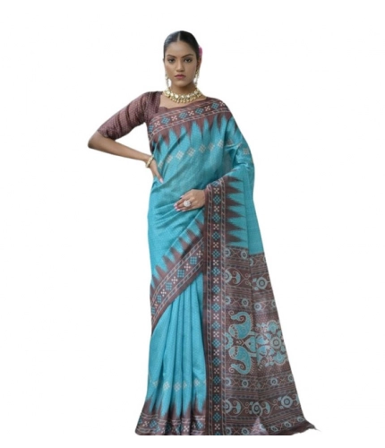 Women's Faux_Tussar Ikat Saree With Unstitched Blouse 5.5Mtr (Aqua_Blue) Women's Faux_Tussar Ikat Saree With Unstitched Blouse 5.5Mtr (Aqua_Blue)