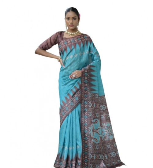 Women's Faux_Tussar Ikat Saree With Unstitched Blouse 5.5Mtr (Aqua_Blue)