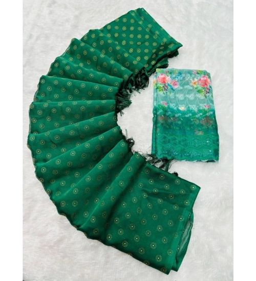 Women's Printed Brasso Saree With Unstitched Blouse (Green, 5-6 Mtrs)