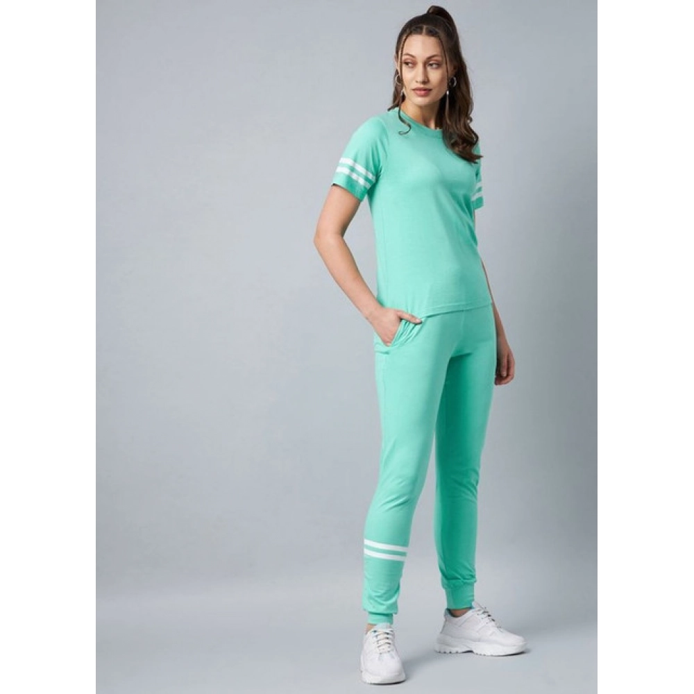 Women's Cotton Striped Short Sleeve Tracksuit (Green)