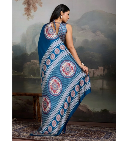 Women's Satin Crepe Printed Saree With Unstitched Blouse 5.5Mtr (Blue)