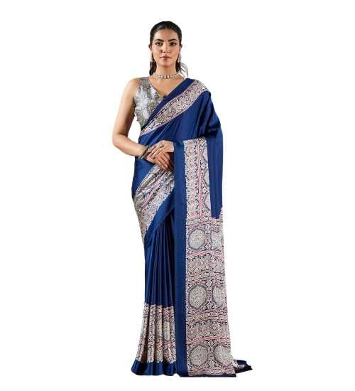 Women's Satin Crepe Printed Saree With Unstitched Blouse 5.5Mtr (Blue)