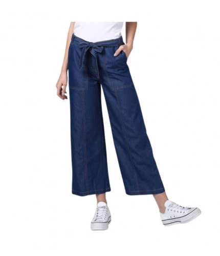 Women's Denim Solid Elasticated Trousers (Blue)
