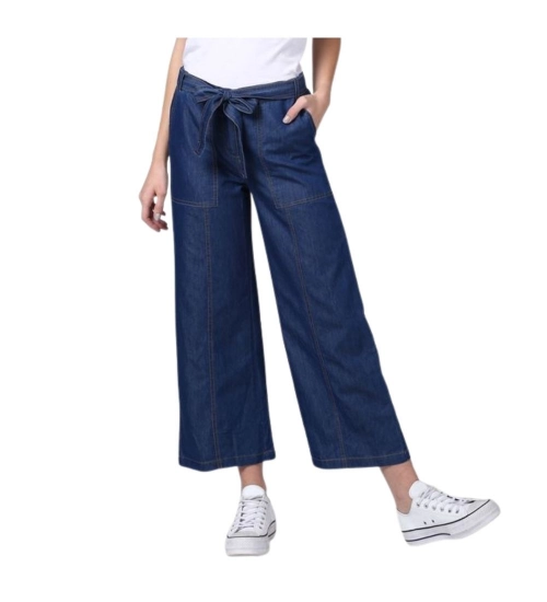 Women's Denim Solid Elasticated Trousers (Blue)