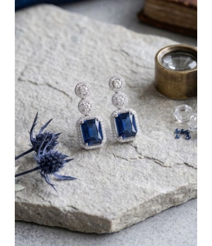 Women's Brass Silver Plated Drop Earrings (Blue)
