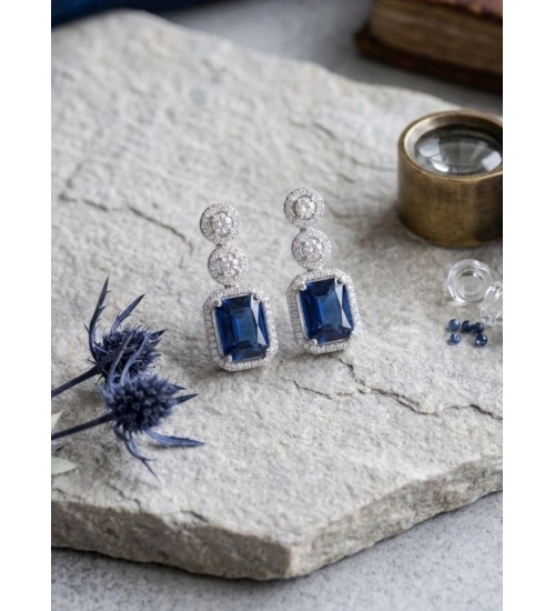 Women's Brass Silver Plated Drop Earrings (Blue)