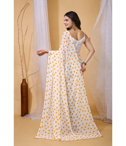 Women's Georgette Printed Saree With Unstitched Blouse 5.5Mtr (White-Yellow)