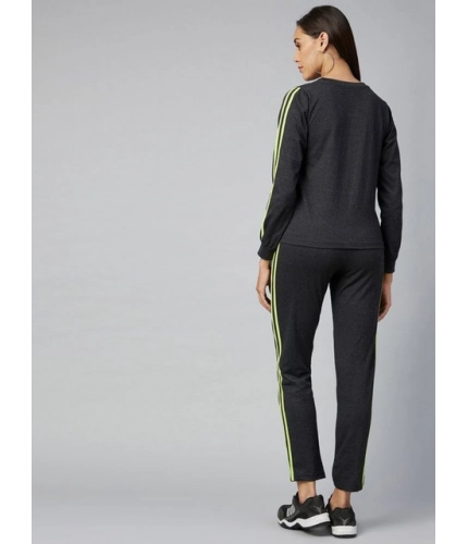 Women's Cotton Solid Long Sleeves Tracksuit (Dark Grey - Green)