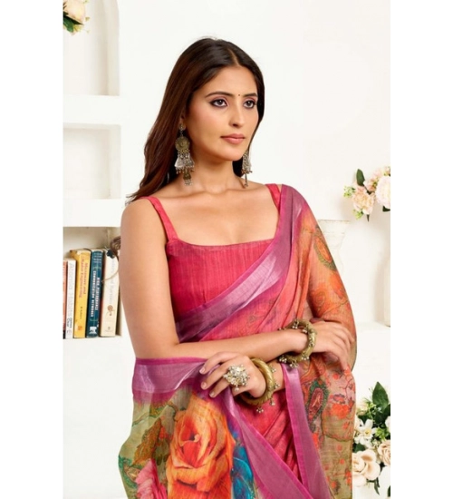 Women's Faux Linen Floral Print Ready to wear Saree With Unstitched Blouse 5.5Mtr (Pink)