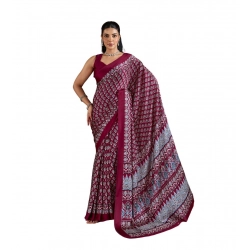 Women's Satin Crepe Printed Saree With Unstitched Blouse 5.5Mtr (Maroon)