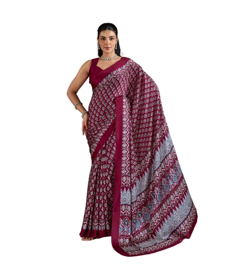 Women's Satin Crepe Printed Saree With Unstitched Blouse 5.5Mtr (Maroon)