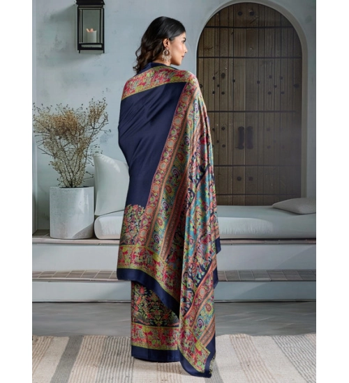 Women's Satin Crepe Printed Saree With Unstitched Blouse 5.5Mtr (Navy Blue)