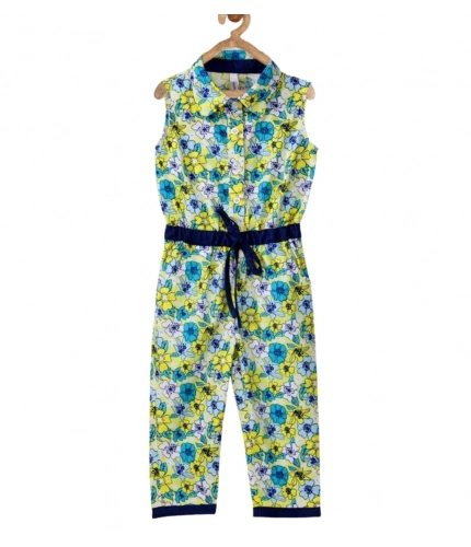 Girl's Cotton Floral Sleeveless Jumpsuit (Yellow)