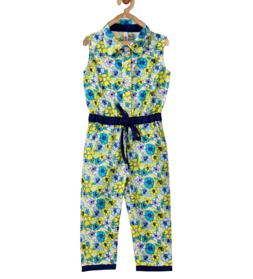 Girl's Cotton Floral Sleeveless Jumpsuit (Yellow)