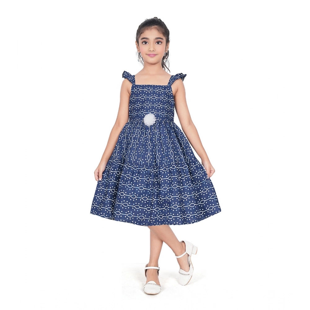 Girl's Cotton Printed Sleeve Less Squre Neck Dress (Navy Blue)