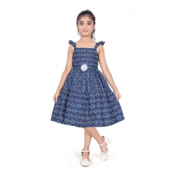 Girl's Cotton Printed Sleeve Less Squre Neck Dress (Navy Blue)