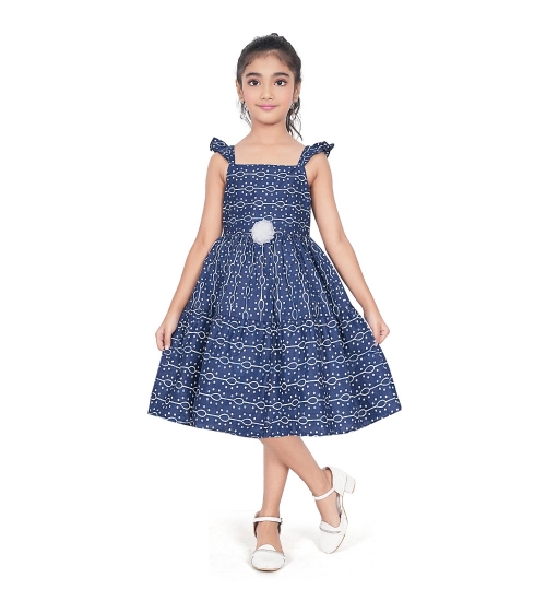 Girl's Cotton Printed Sleeve Less Squre Neck Dress (Navy Blue)