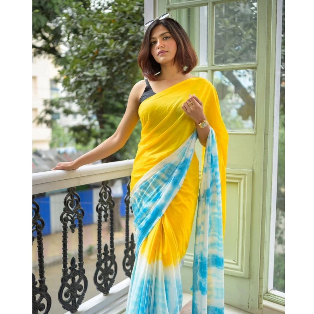 Women's Linen Printed Saree With Unstitched Blouse 5.5Mtr (Multicolor)