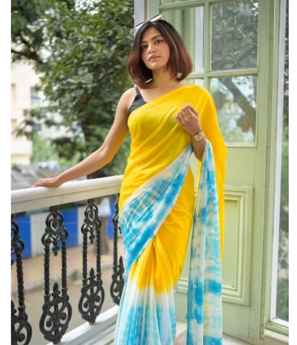 Women's Linen Printed Saree With Unstitched Blouse 5.5Mtr (Multicolor)