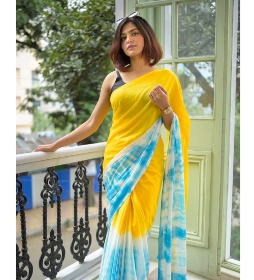 Women's Linen Printed Saree With Unstitched Blouse 5.5Mtr (Multicolor)