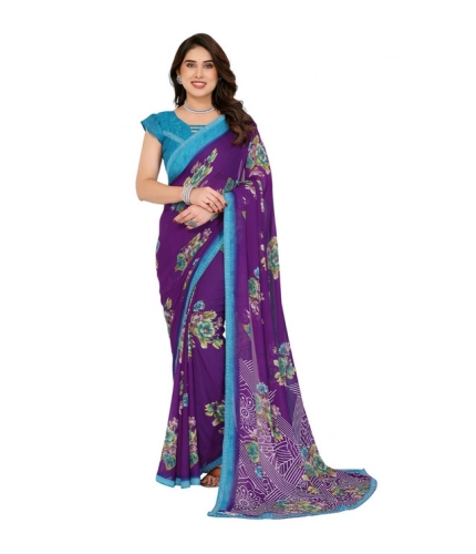 Women's Georgette Printed Saree With Unstitched Blouse 5.5Mtr (Purple)