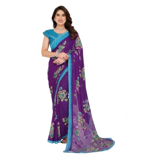 Women's Georgette Printed Saree With Unstitched Blouse 5.5Mtr (Purple)