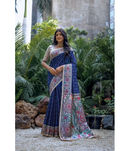 Women's Faux_Tussar Geometric_Print Saree With Unstitched Blouse 5.5Mtr (Blue)