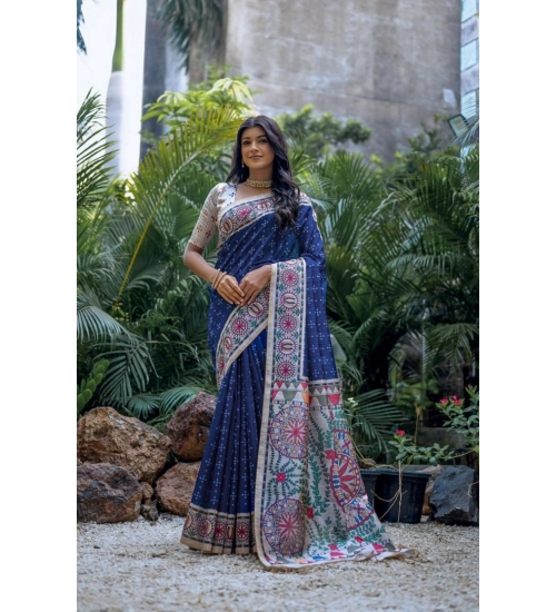Women's Faux_Tussar Geometric_Print Saree With Unstitched Blouse 5.5Mtr (Blue)