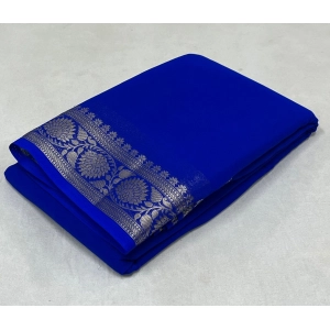 Generic Women's Crepe Chit Pallu Solid Saree With Unstitched Blouse 5.5Mtr (Blue)