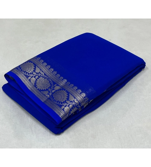 Women's Crepe Chit Pallu Solid Saree With Unstitched Blouse 5.5Mtr (Blue)