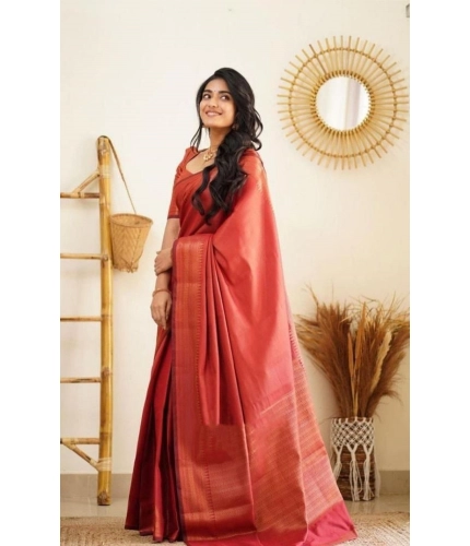 Women's Litchi silk Printed Saree With Unstitched Blouse (Red)