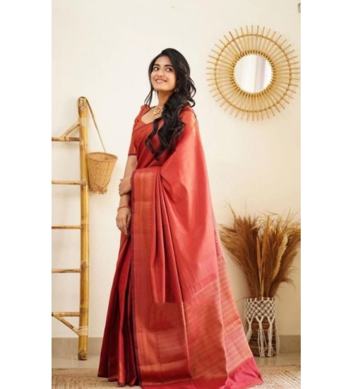 Women's Litchi silk Printed Saree With Unstitched Blouse (Red)