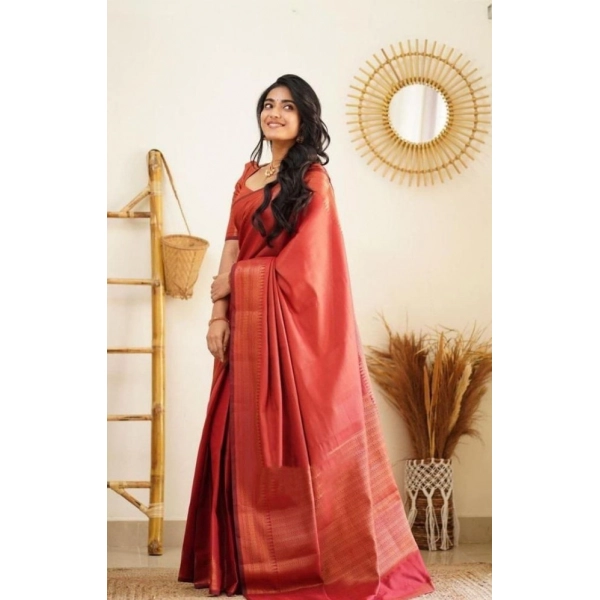 Dropship Women's Litchi silk Printed Saree With Unstitched Blouse (Red)