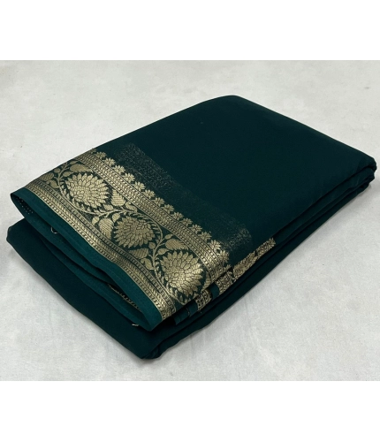 Women's Crepe Chit Pallu Solid Saree With Unstitched Blouse 5.5Mtr (Green)
