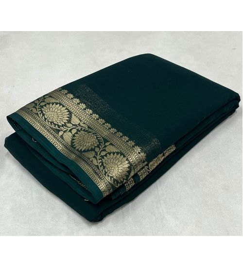 Women's Crepe Chit Pallu Solid Saree With Unstitched Blouse 5.5Mtr (Green)