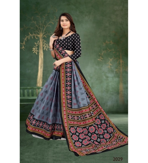 Women's Soft Pure Cotton Printed Saree With Unstitched Blouse 5.5Mtr (Grey)