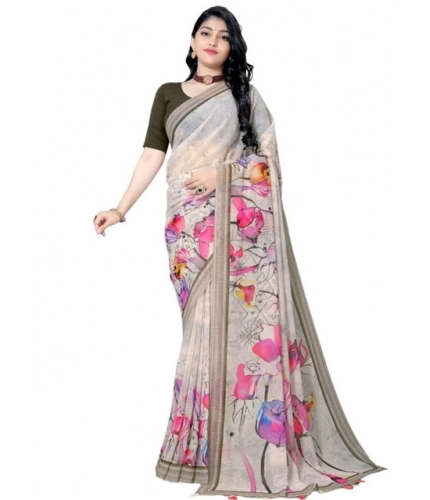 Women's Georgette Floral Printed Saree With Unstitched Blouse 5.5Mtr (Beige)