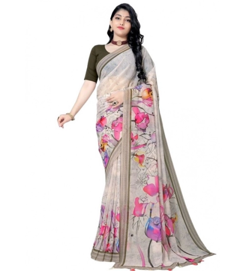 Women's Georgette Floral Printed Saree With Unstitched Blouse 5.5Mtr (Beige)