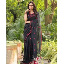 Women's Linen Printed Saree With Unstitched Blouse 5.5Mtr (Black)
