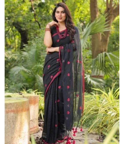 Women's Linen Printed Saree With Unstitched Blouse 5.5Mtr (Black)