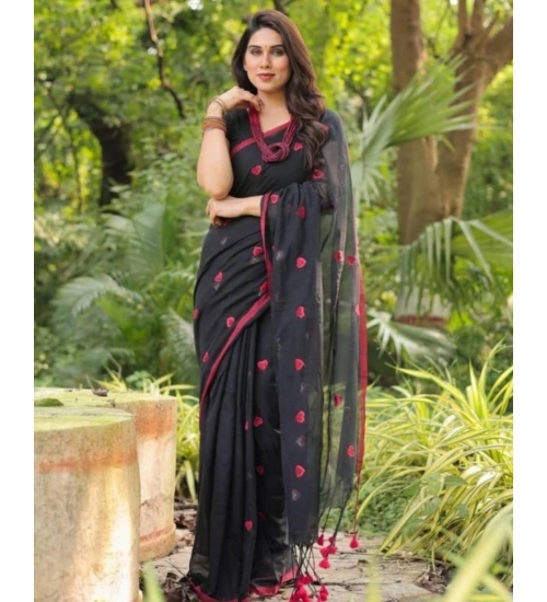 Women's Linen Printed Saree With Unstitched Blouse 5.5Mtr (Black)