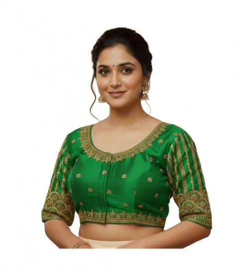 Women's Phantom Silk Embroidered Designer Neck Padded Blouse (Light Green 38 Ready (Alterable up to 42)